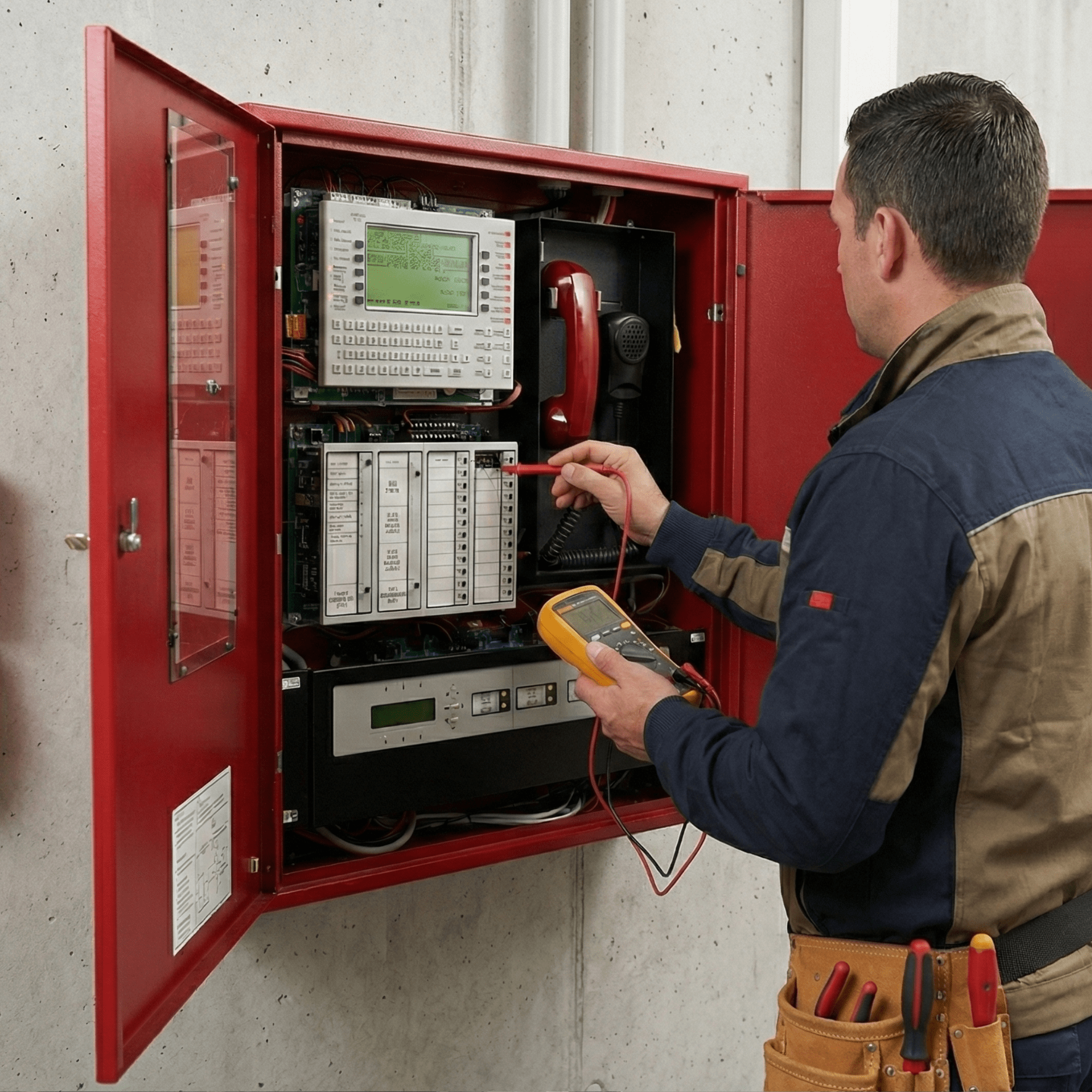 Wartung einer Brandmeldeanlage durch einen Techniker am Brandmeldezentralen-Schaltschrank