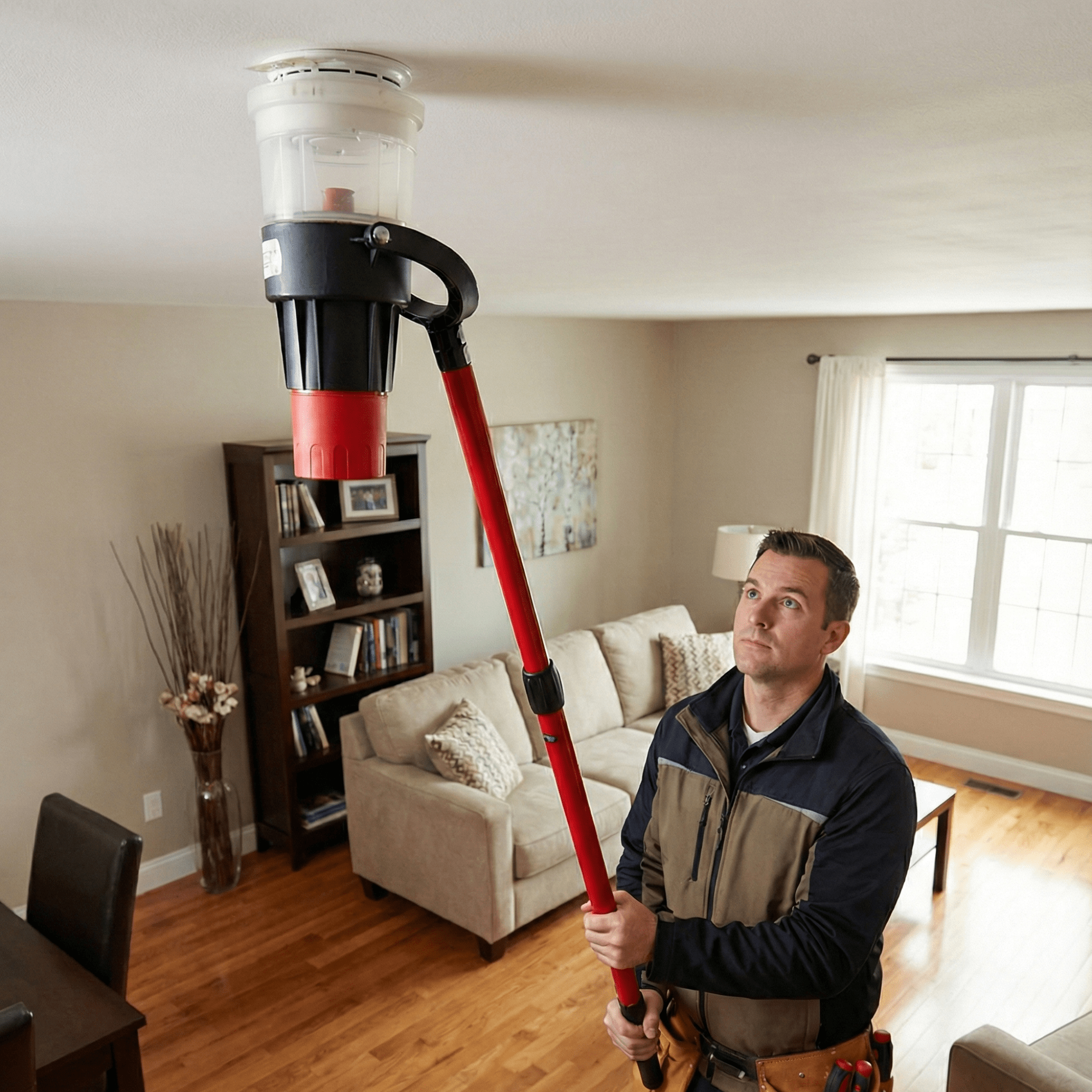 Techniker prüft einen Rauchmelder an der Decke mit professionellem Prüfgerät