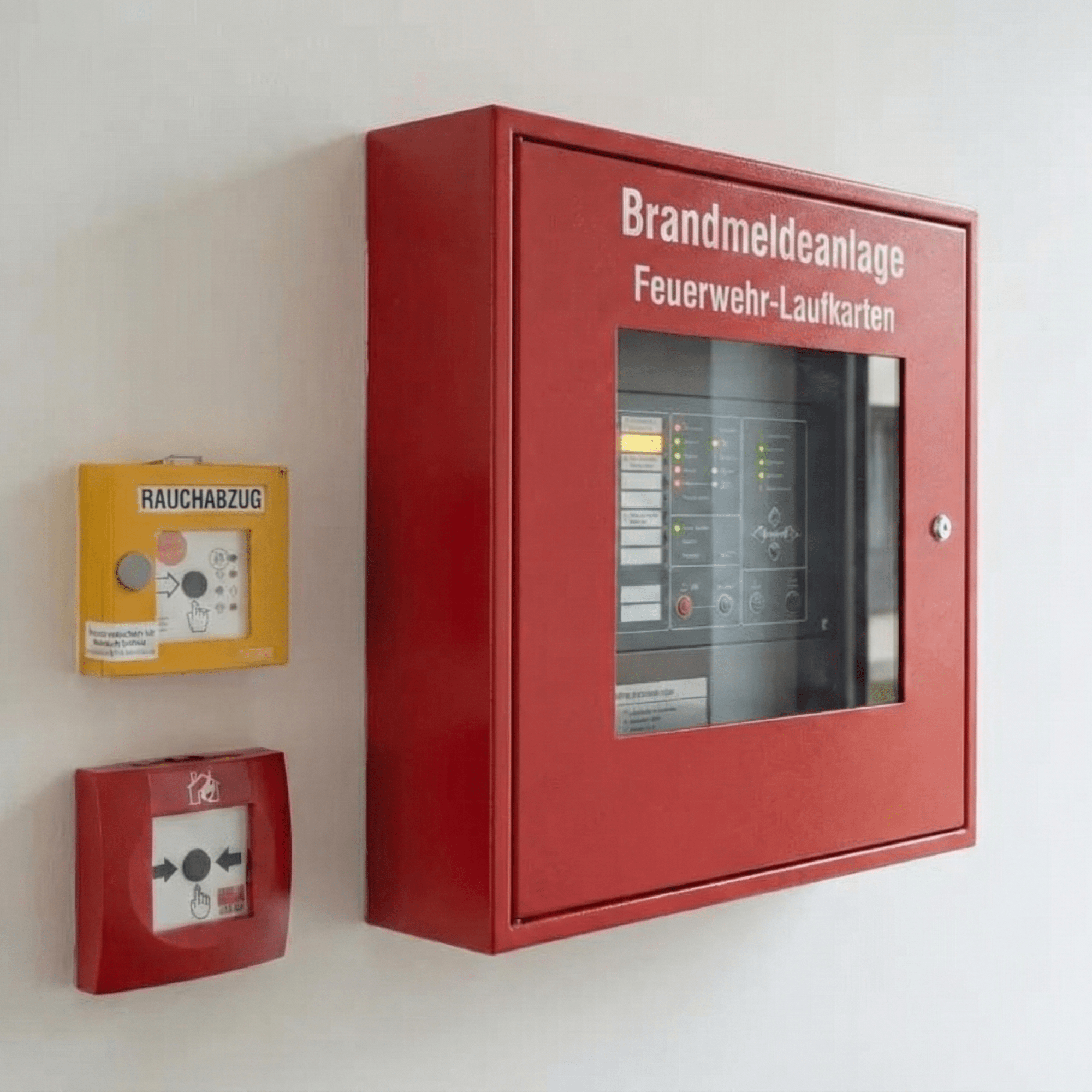 Brandmeldeanlage mit Feuerwehr-Laufkarten und Rauchabzugstaster an einer Gebäudewand
